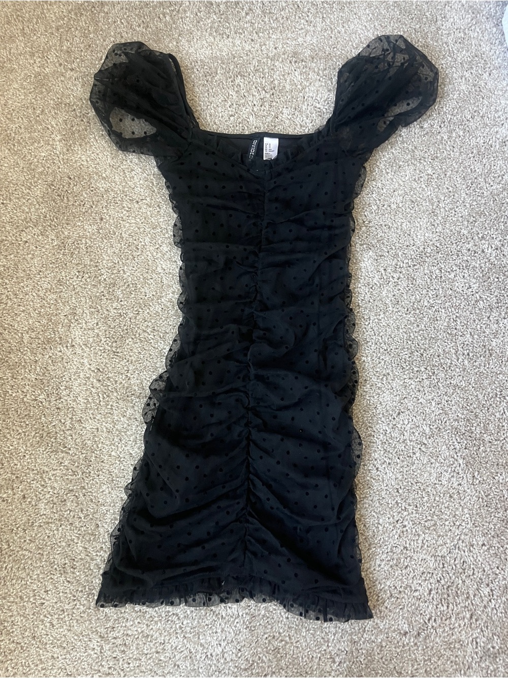 Divided Black Sheer Polka Dot Ruched Mini Dress